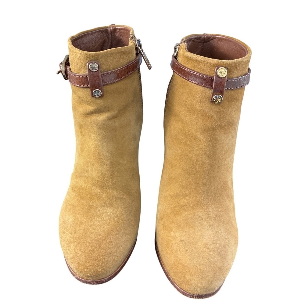 Tory Burch Tan Suede Ankle Booties Size 7M Buckle Strap Heeled Boots